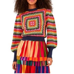 Farm Rio NWT Sunset Stripes Crochet Sweater Rainbow Puff Sleeve Size LG